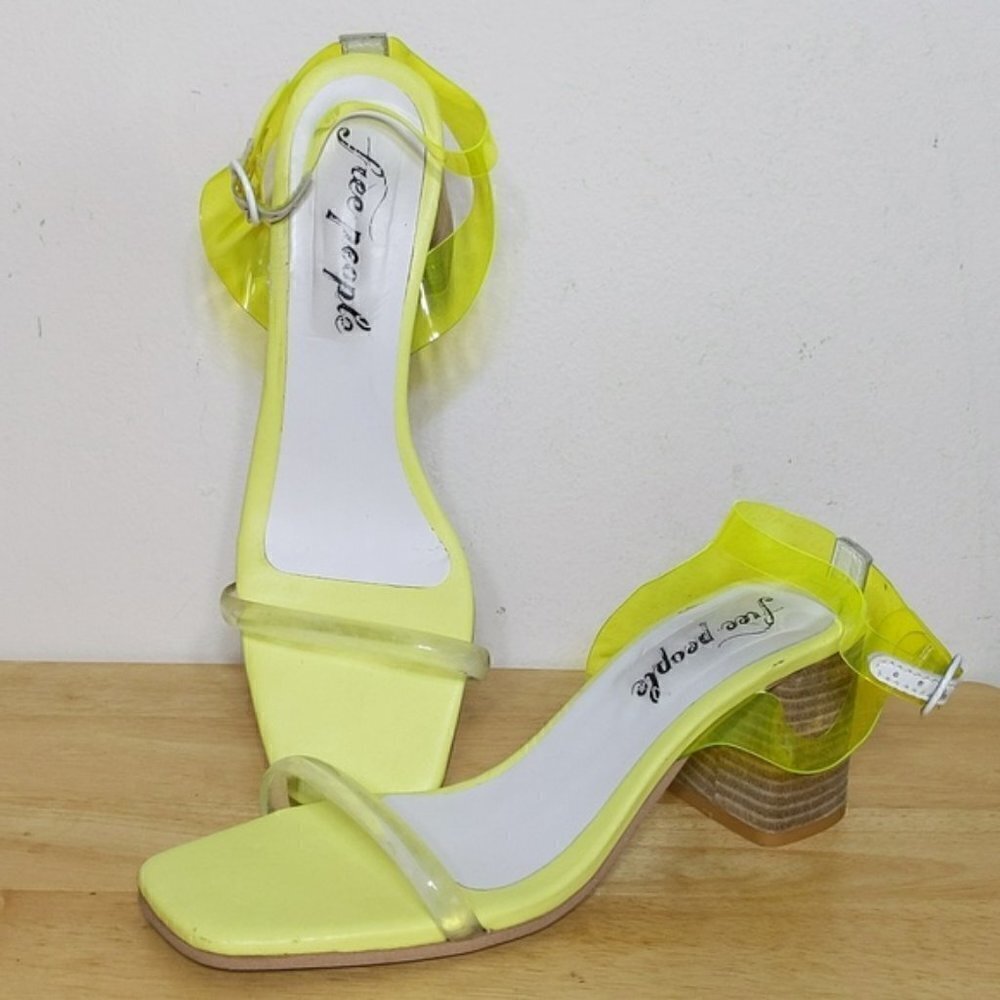 Free People Neon Yellow Transparent Sandals Heels Shoes Square Toe